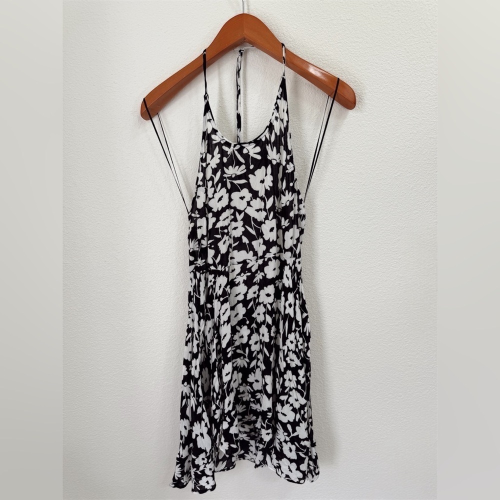 Free People White & Black Floral Halter Neck Open Back Mini Dress Size Large